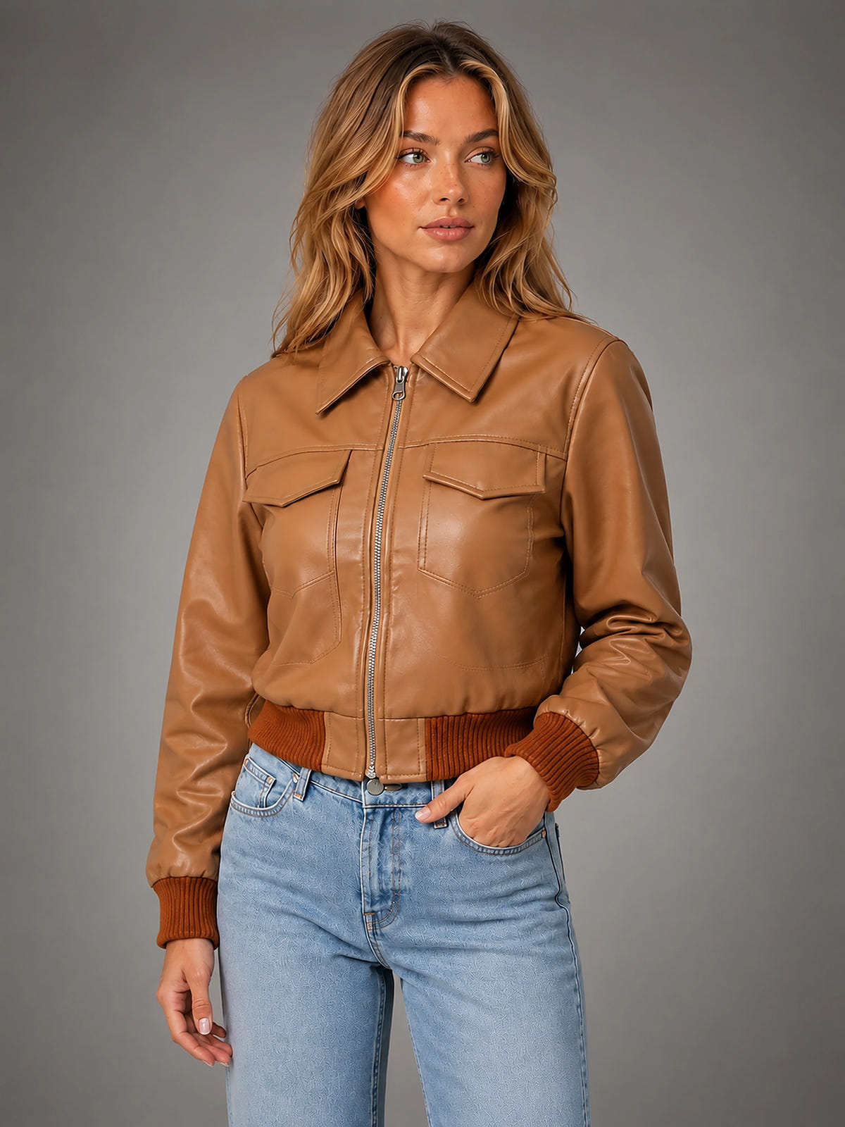 Women's Cropped Bomber Jacket – Relaxed Zip Up - Brown