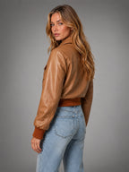 Women's Cropped Bomber Jacket – Relaxed Zip Up - Brown