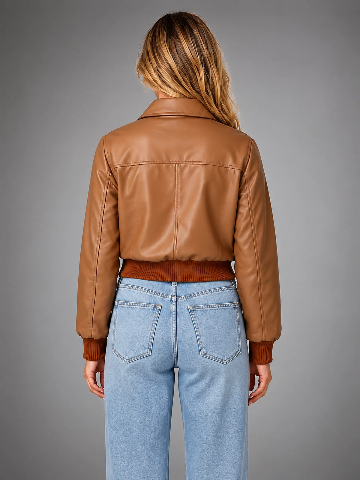 Women's Cropped Bomber Jacket – Relaxed Zip Up - Brown
