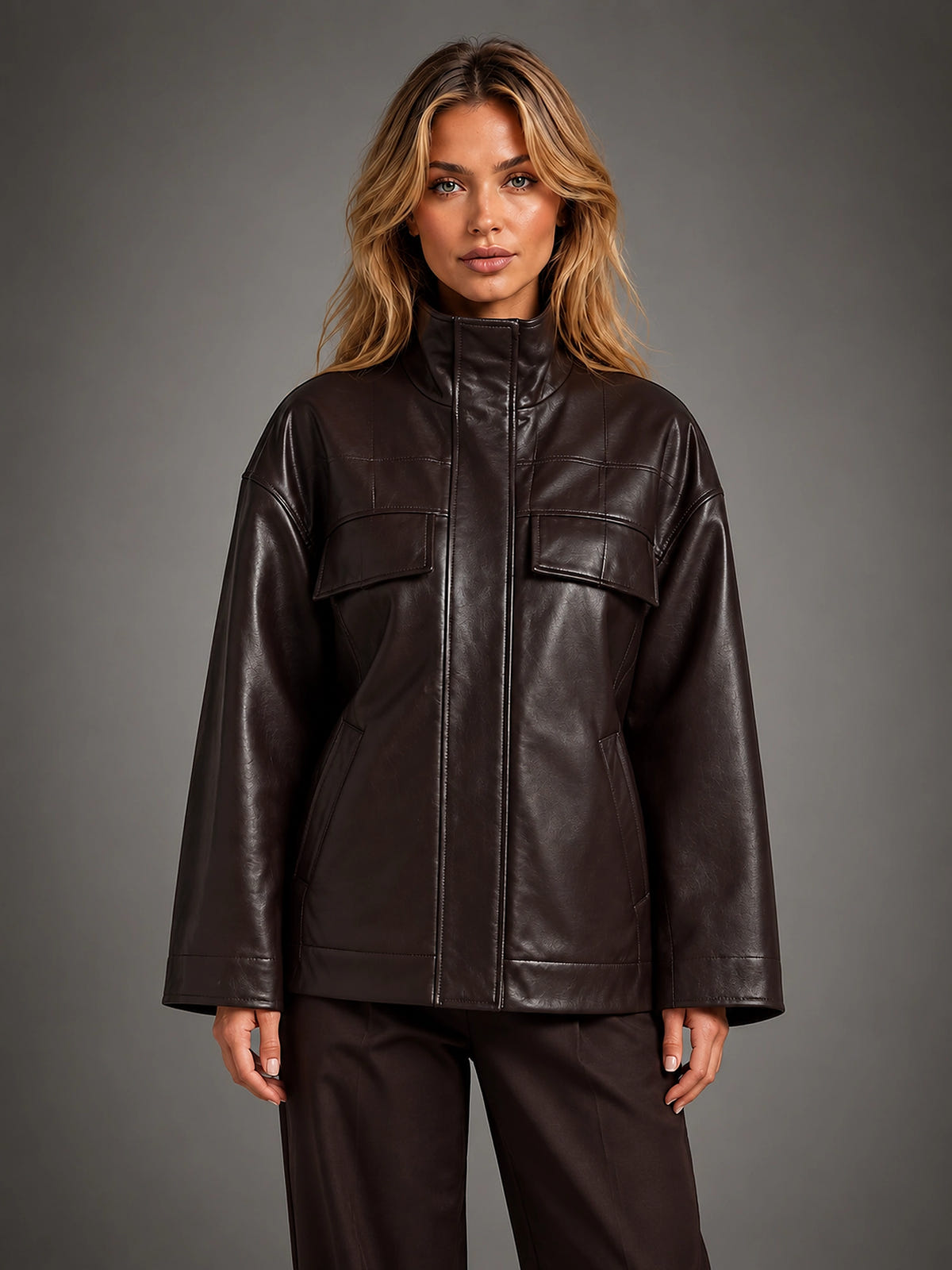 Women's Faux Leather Jacket – Stand Collar Zip Up - Brown