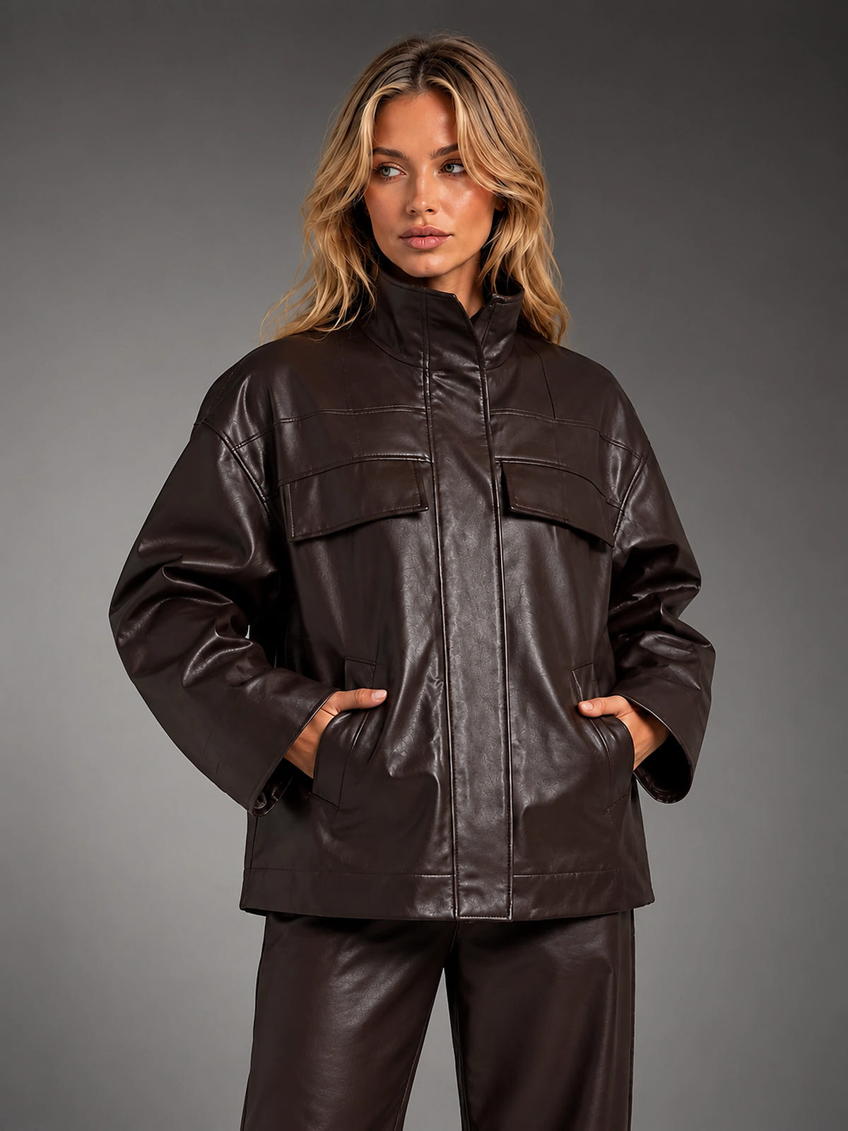 Women's Faux Leather Jacket – Stand Collar Zip Up - Brown