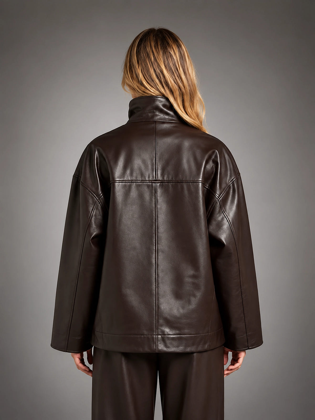 Women's Faux Leather Jacket – Stand Collar Zip Up - Brown