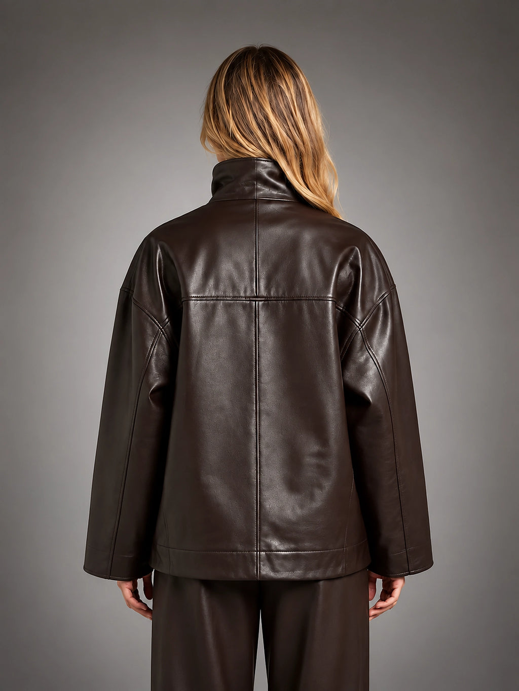 Women's Faux Leather Jacket – Stand Collar Zip Up - Brown