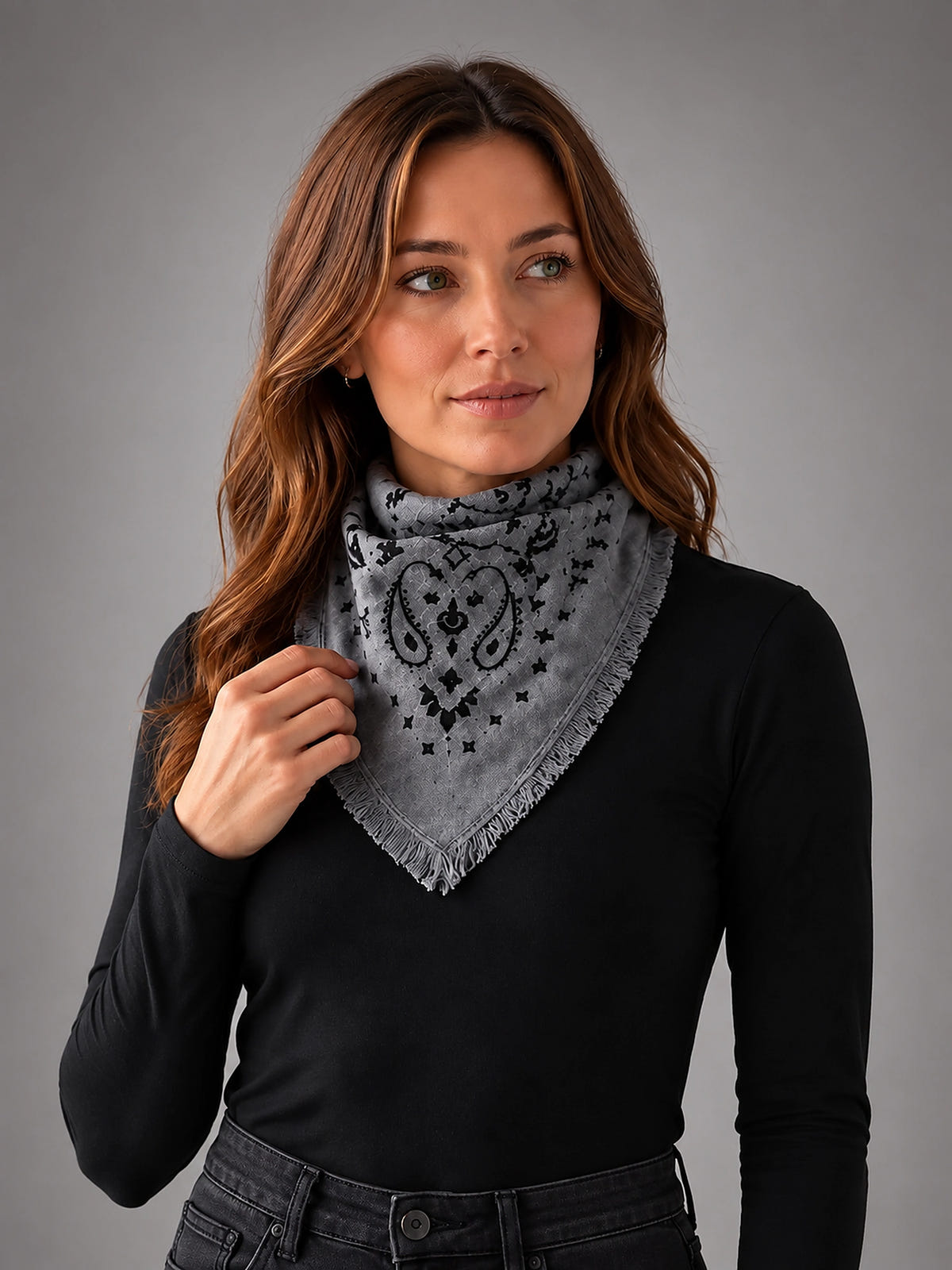 Women's Paisley Bandana Scarf – Square Neckerchief - Smoke/Black