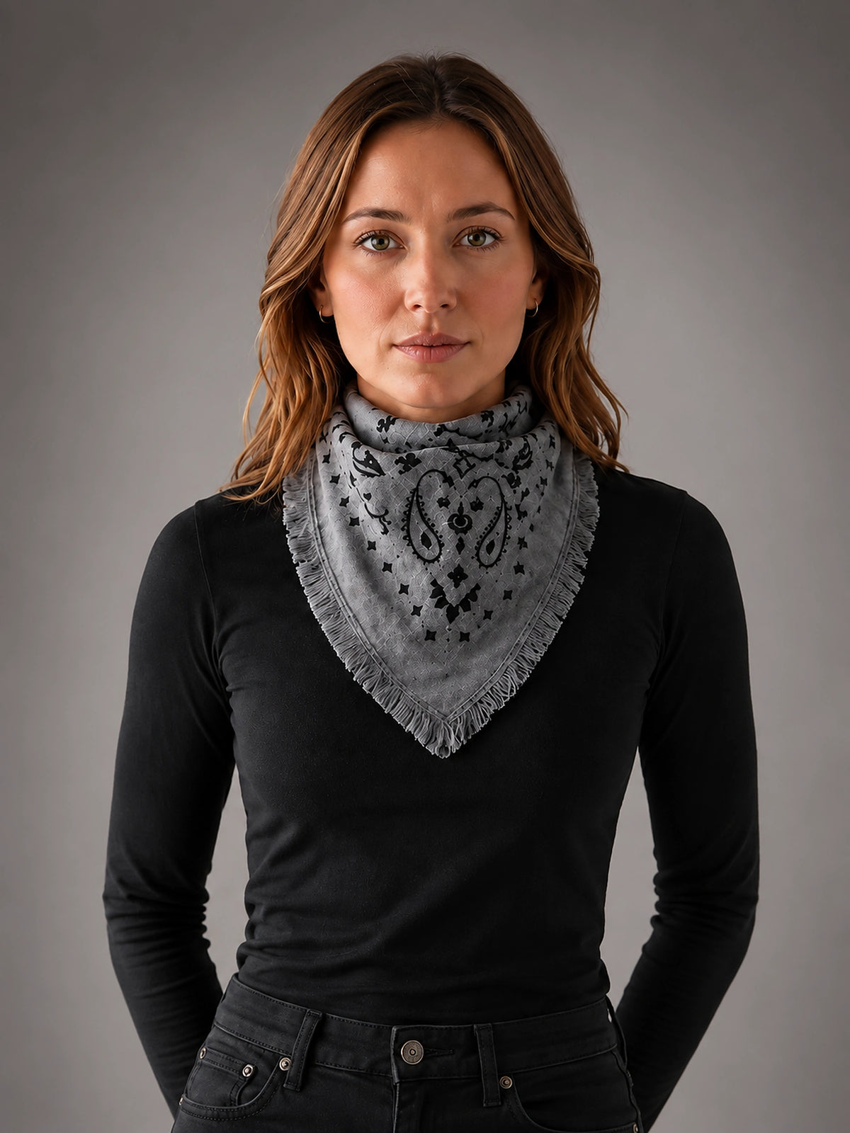 Women's Paisley Bandana Scarf – Square Neckerchief - Smoke/Black