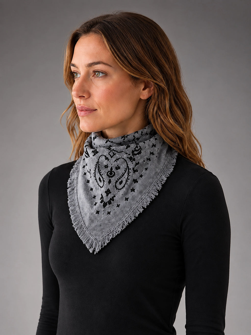 Women's Paisley Bandana Scarf – Square Neckerchief - Smoke/Black
