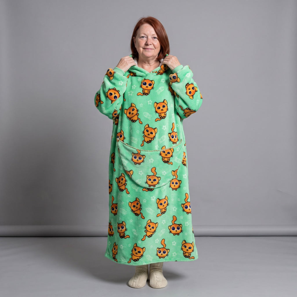 Women's Sherpa Fleece Blanket Hoodie – Orange Cat Print, Mint Green