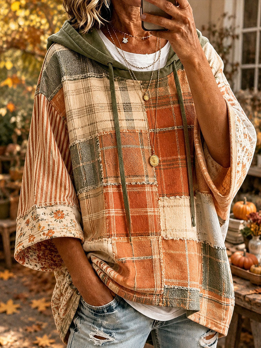 Women's Oversized Hoodie – Sage Floral and Check Patchwork Print in Rust/Cream/Olive Green