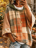 Women's Oversized Hoodie – Sage Floral and Check Patchwork Print in Rust/Cream/Olive Green