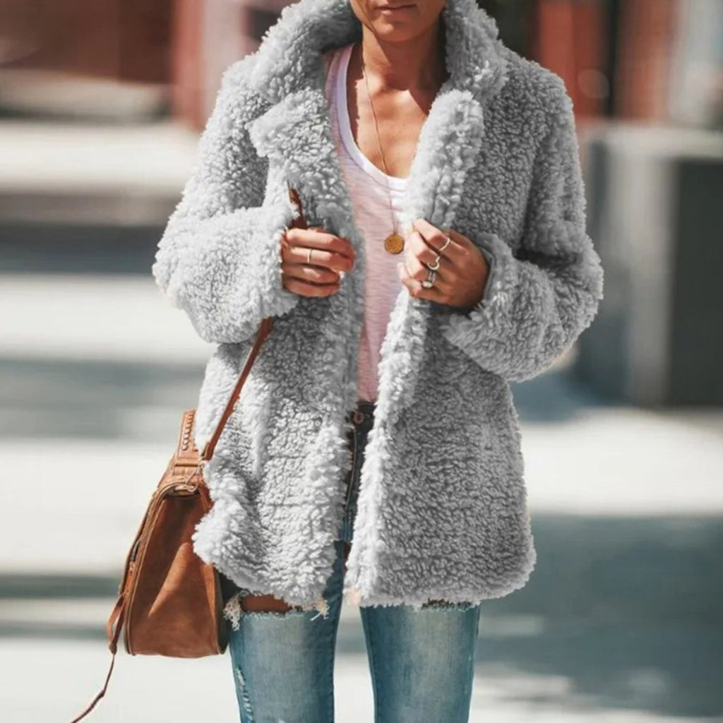 Women's Sherpa Teddy Jacket – Open Front and Notched Lapels in Gray
