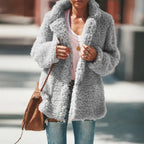 Women's Sherpa Teddy Jacket – Open Front and Notched Lapels in Gray