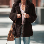 Women's Sherpa Teddy Jacket – Open Front and Notched Lapels in Coffee