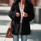 Women's Sherpa Teddy Jacket – Open Front and Notched Lapels in Black