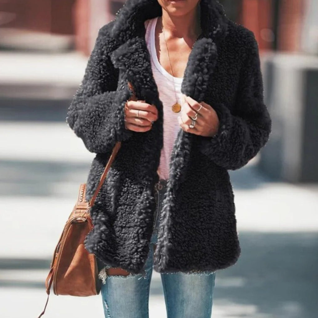 Women's Sherpa Teddy Jacket – Open Front and Notched Lapels in Dark Gray