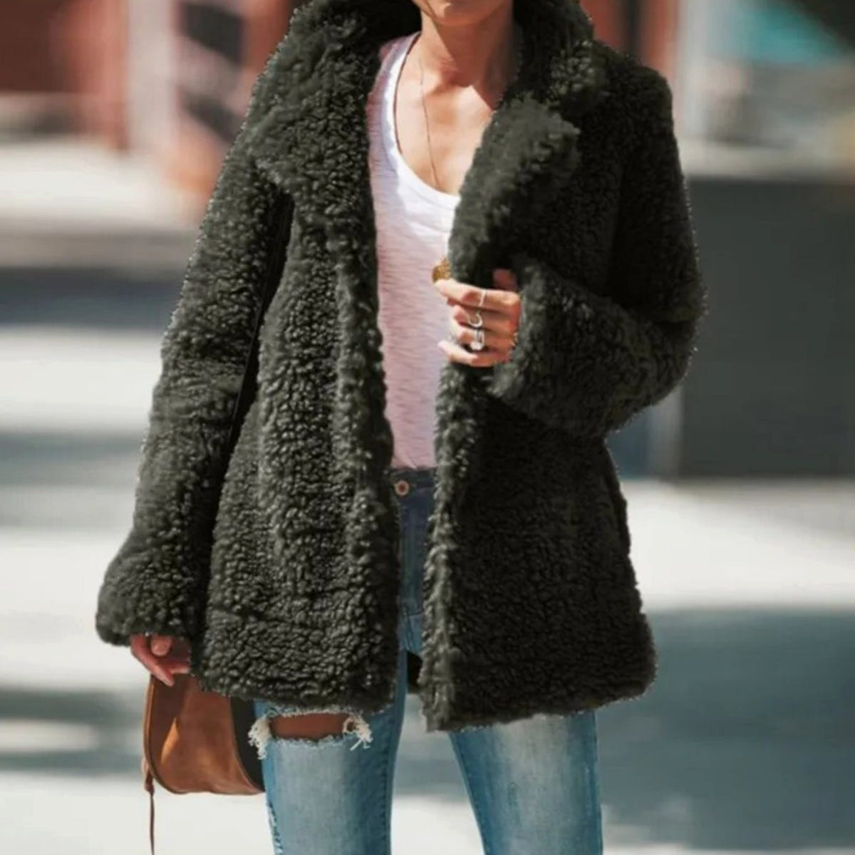 Women's Sherpa Teddy Jacket – Open Front and Notched Lapels in Green