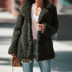 Women's Sherpa Teddy Jacket – Open Front and Notched Lapels in Green