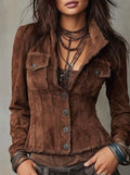 Women's Faux Suede Fitted Jacket – Raw-Edge Trim in Brown