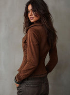 Women's Faux Suede Fitted Jacket – Raw-Edge Trim in Brown, alternative view