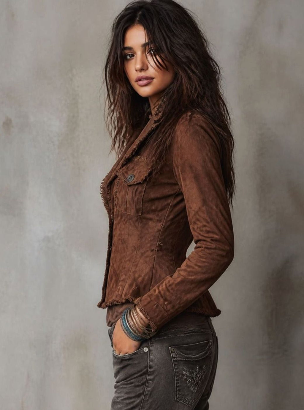 Women's Faux Suede Fitted Jacket – Raw-Edge Trim in Brown, alternative view