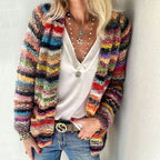 Women's Multicolor Striped Cardigan – Open Front in Red