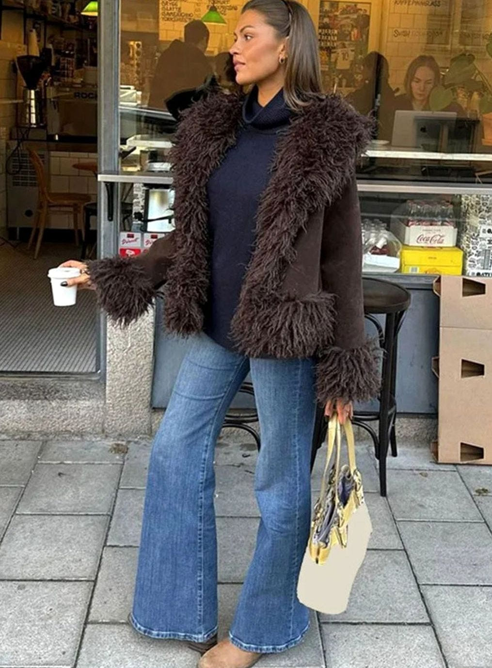 Women's Faux Fur Trim Jacket – Shaggy Collar and Cuffs in Brown, alternative view