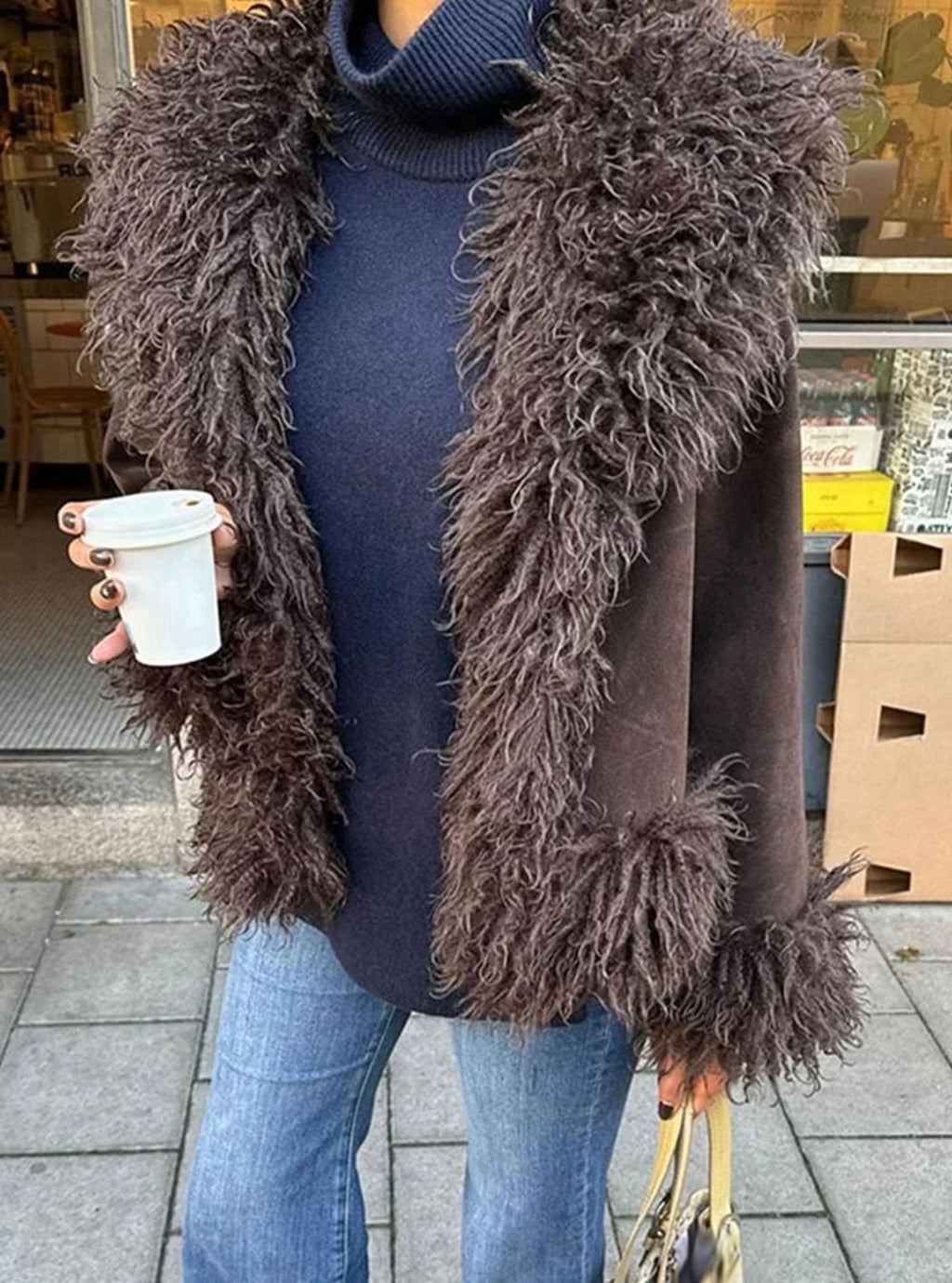 Women's Faux Fur Trim Jacket – Shaggy Collar and Cuffs in Brown, alternative view