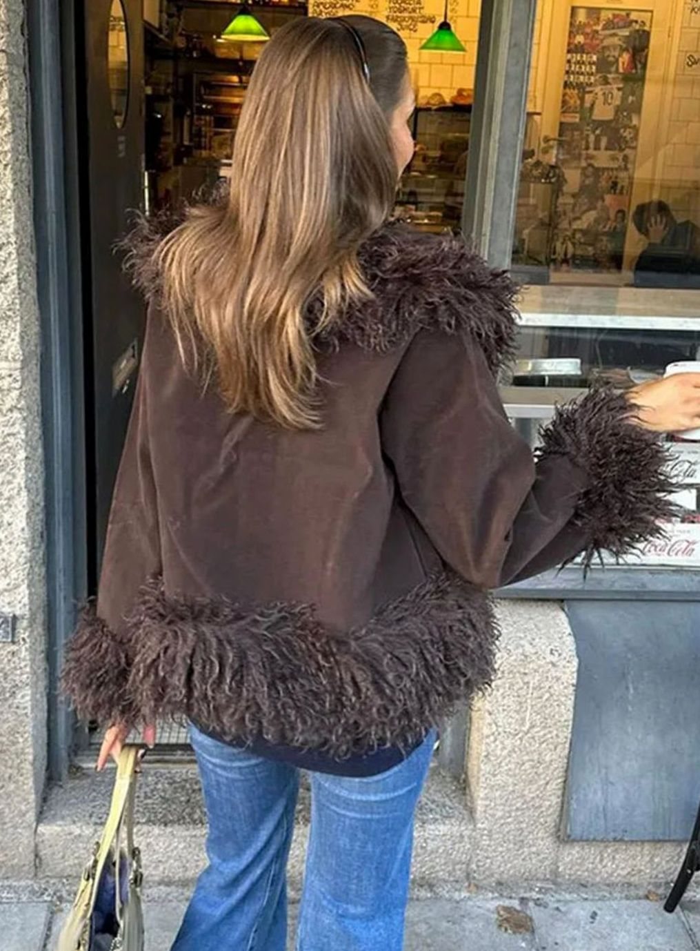 Women's Faux Fur Trim Jacket – Shaggy Collar and Cuffs in Brown, alternative view