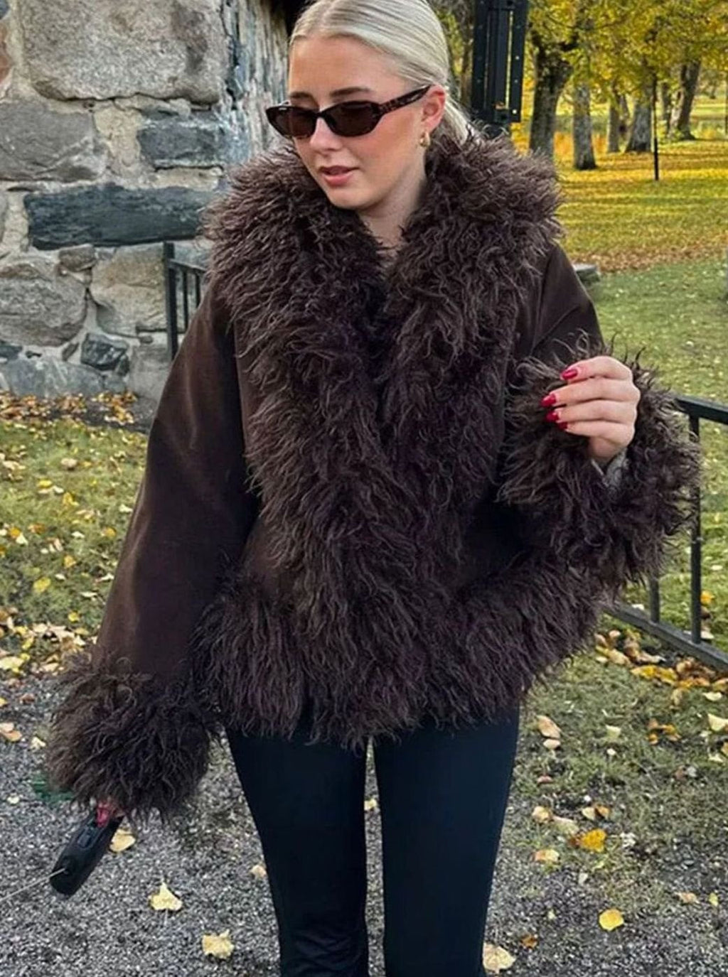 Women's Faux Fur Trim Jacket – Shaggy Collar and Cuffs in Brown, alternative view