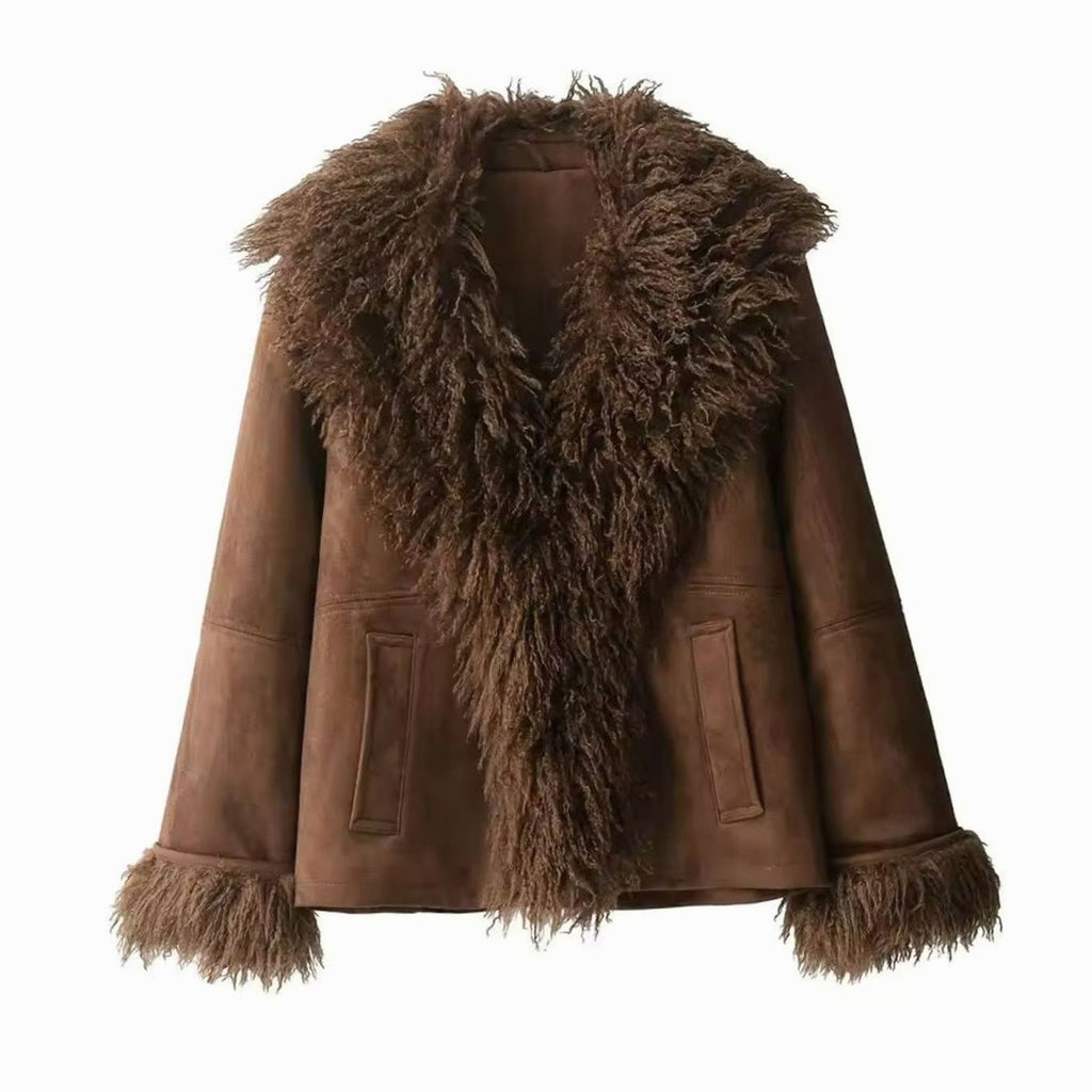 Women's Faux Fur Trim Jacket – Shaggy Collar and Cuffs in Brown, alternative view