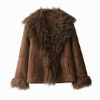 Women's Faux Fur Trim Jacket – Shaggy Collar and Cuffs in Brown, alternative view