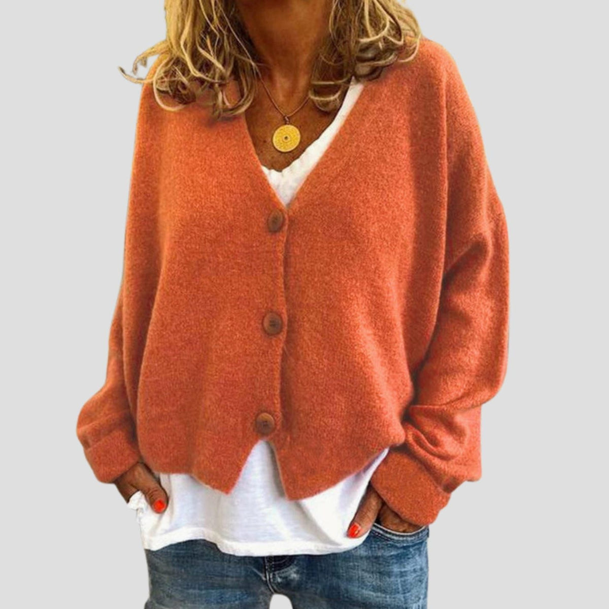 Women's V-Neck Button Cardigan – Relaxed Fit in Orange