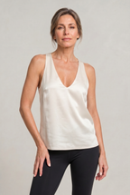 Women's Satin Cami Top in White – Deep V-Neck, Wide Straps