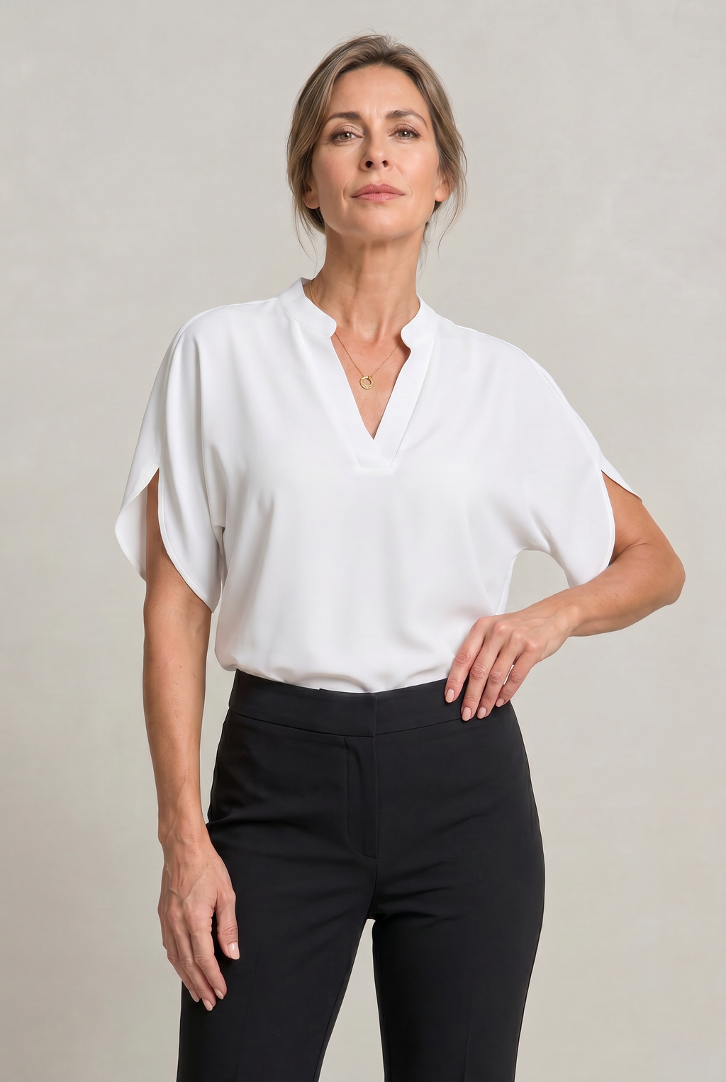 Women's V-Neck Blouse in White – Petal Sleeves, Notched Neckline