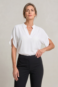 Women's V-Neck Blouse in White – Petal Sleeves, Notched Neckline