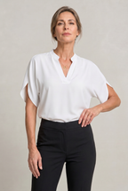 Women's V-Neck Blouse in White – Petal Sleeves, Notched Neckline