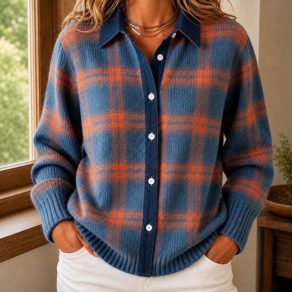 Women's Plaid Cardigan in Blue – Collared, Button Front