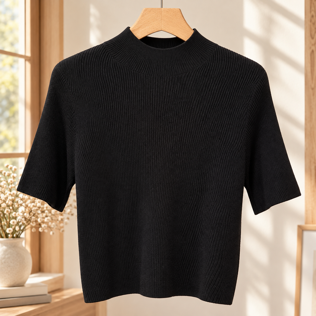 Women's Mock-Neck Top in Black – Fine Rib, Elbow-Length Sleeves