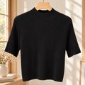 Women's Mock-Neck Top in Black – Fine Rib, Elbow-Length Sleeves