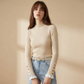 Women's Ribbed Crewneck Sweater in Cream – Slim Fit, Gold-Tone Cuff Buttons
