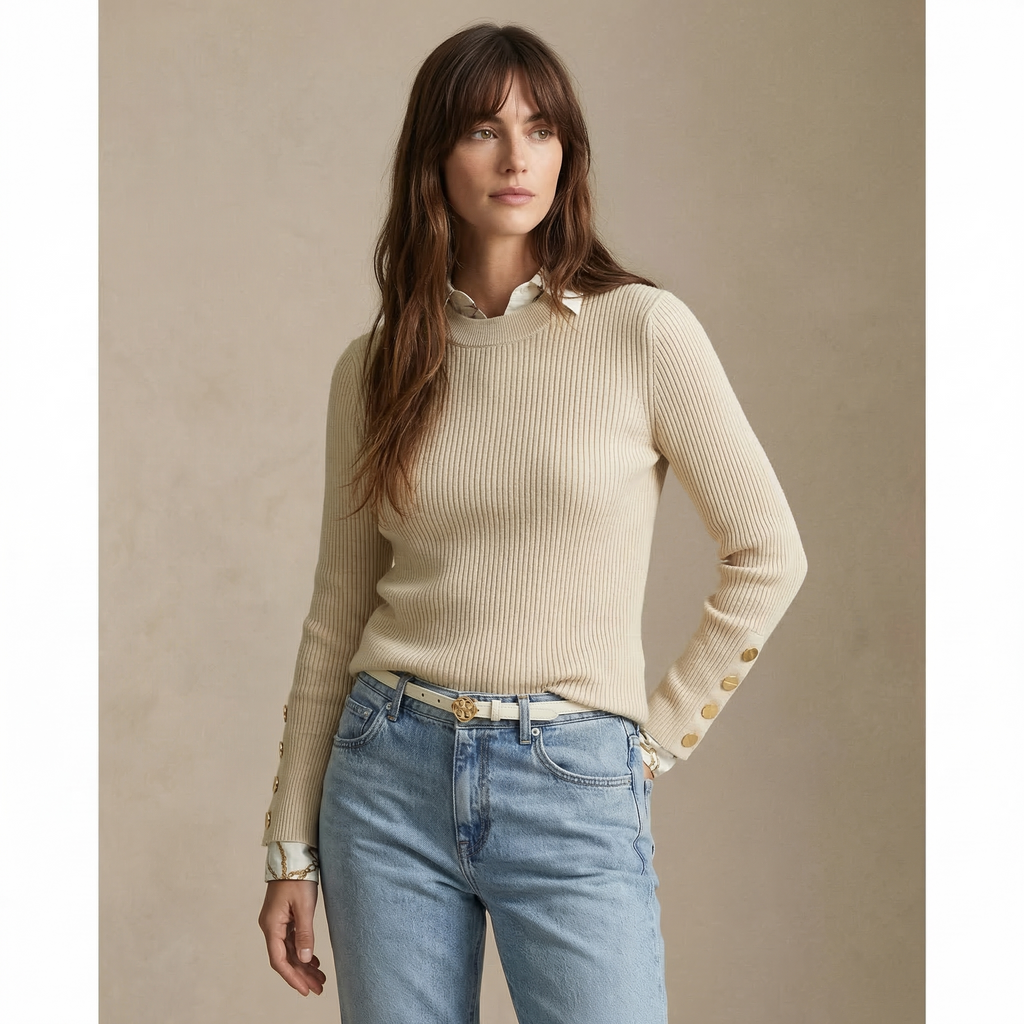 Women's Ribbed Crewneck Sweater – Slim Fit, Gold-Tone Cuff Buttons – view 7