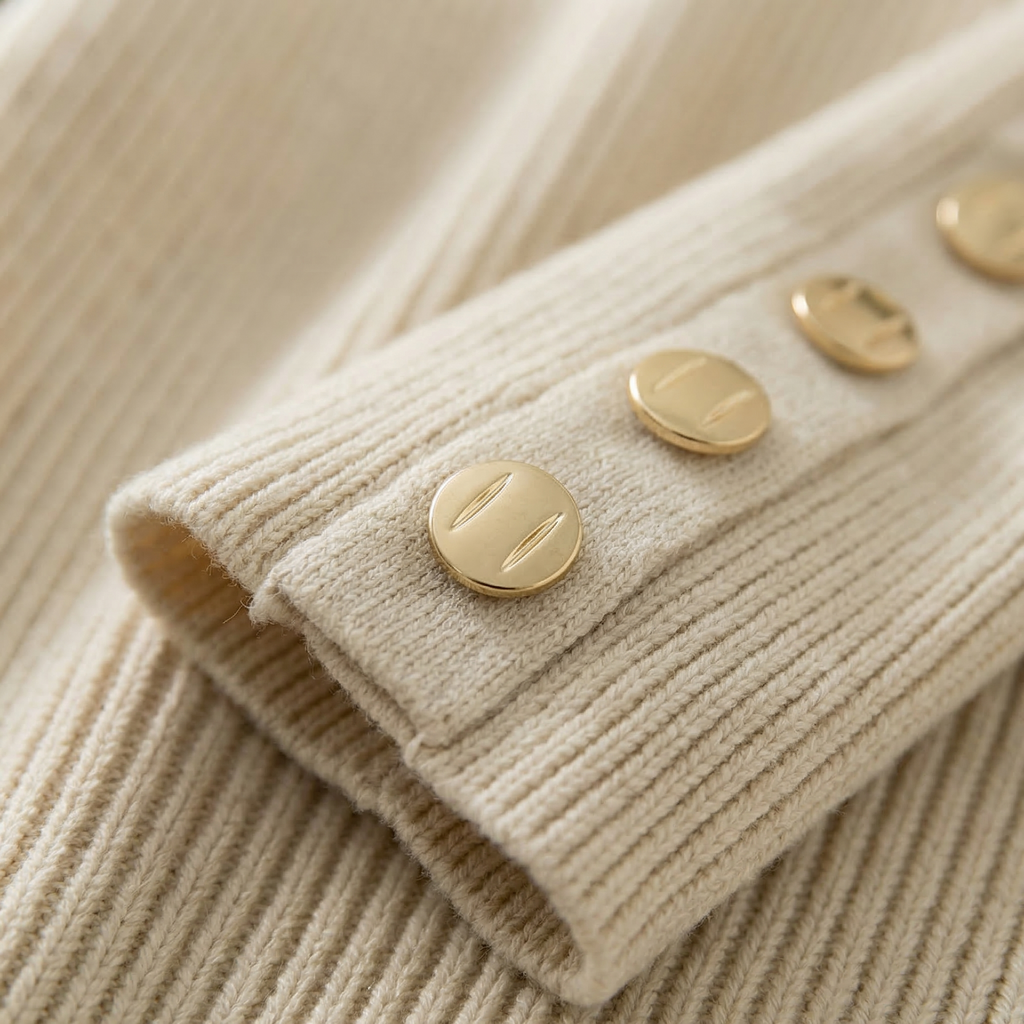 Women's Ribbed Crewneck Sweater – Slim Fit, Gold-Tone Cuff Buttons – view 9