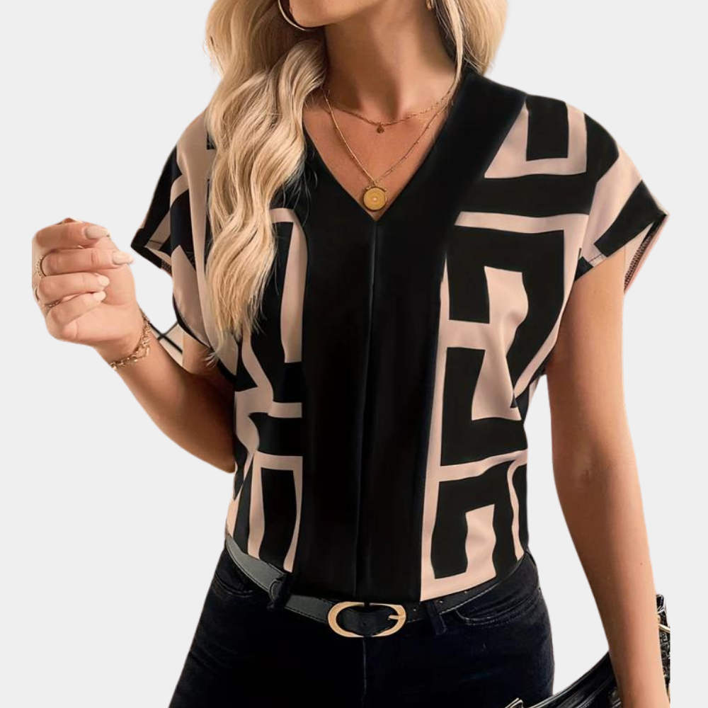 Women's V-Neck Blouse in Black/Beige – Geometric Print, Cap Sleeves