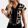 Women's V-Neck Blouse in Black/Beige – Geometric Print, Cap Sleeves