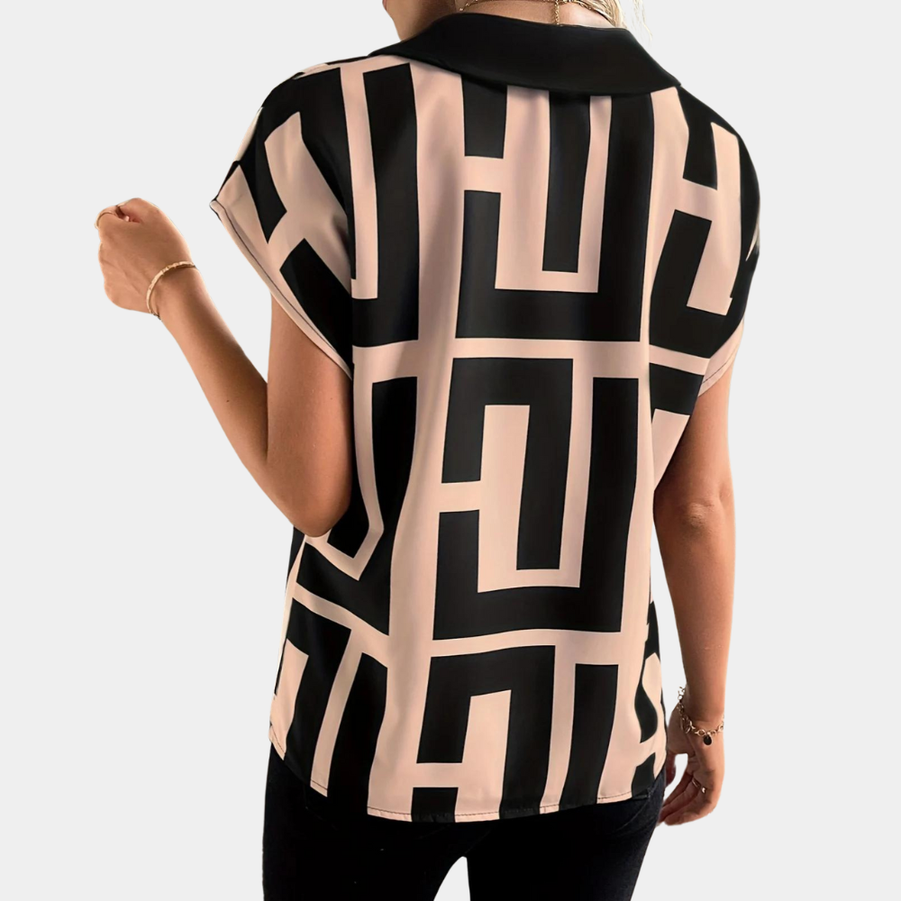 Women's V-Neck Blouse – Geometric Print, Cap Sleeves, Black/Beige – view 2