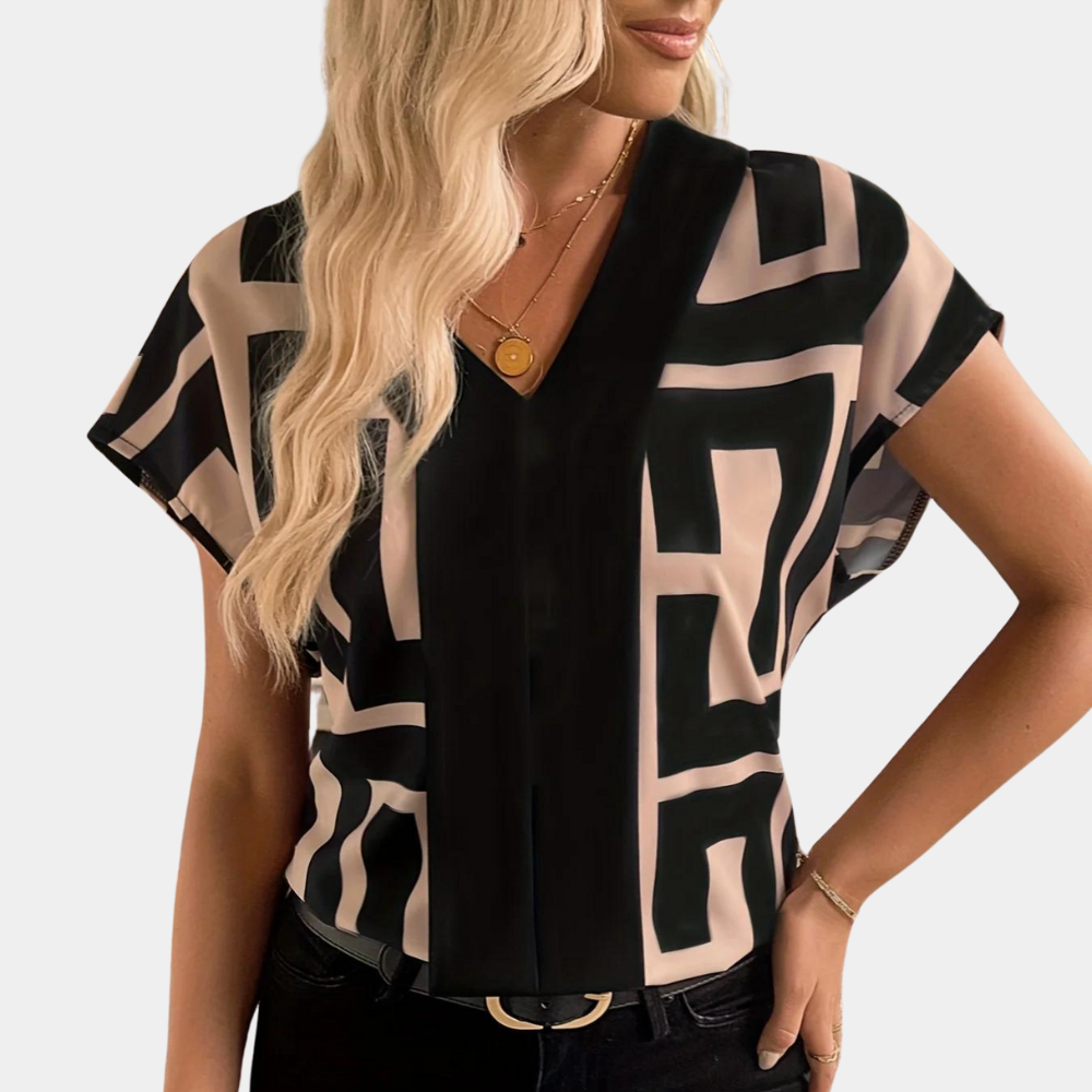 Women's V-Neck Blouse – Geometric Print, Cap Sleeves, Black/Beige – view 3
