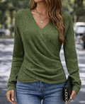 Women's Wrap Sweater in Green – Ribbed V-Neck, Side Ruching