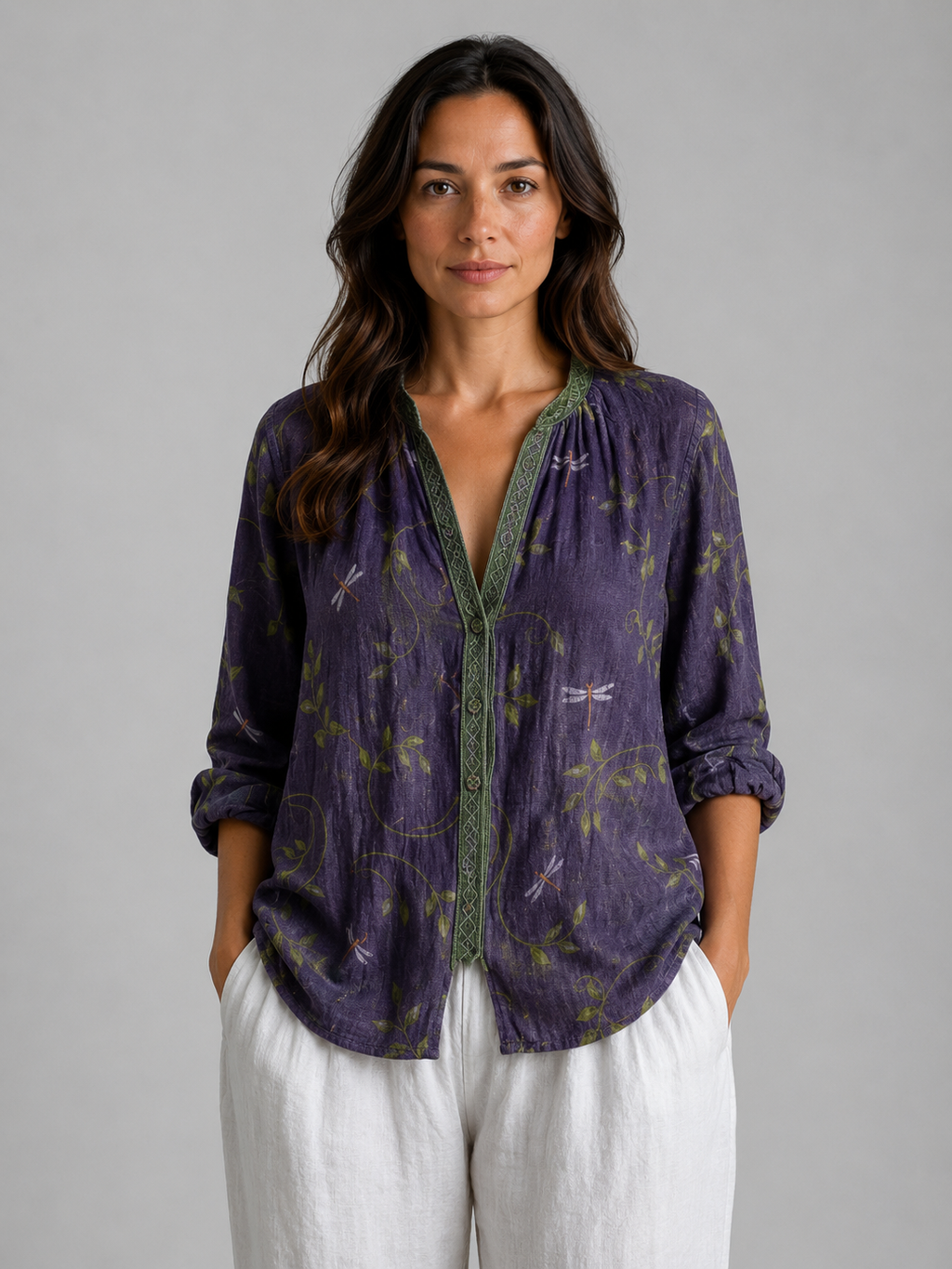 Women's Printed Blouse in Purple – Split Neck, Roll-Tab Sleeves