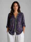 Women's Printed Blouse in Purple – Split Neck, Roll-Tab Sleeves