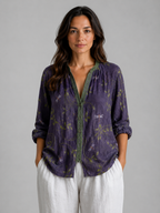 Women's Printed Blouse in Purple – Split Neck, Roll-Tab Sleeves
