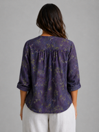 Women's Printed Blouse – Split Neck, Roll-Tab Sleeves – view 2